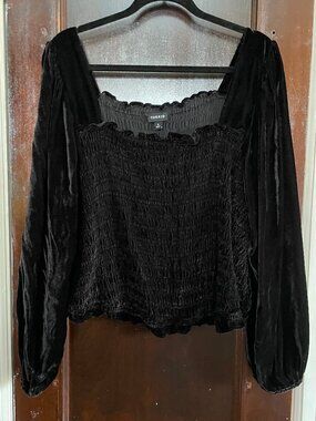 Velvet shirred square-neck blouse with bishop sleeves